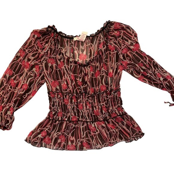 VTG Y2K Candies Womens M Babydoll Top Sheer Brown Pink Floral Fairy Whimsy - Picture 3 of 7